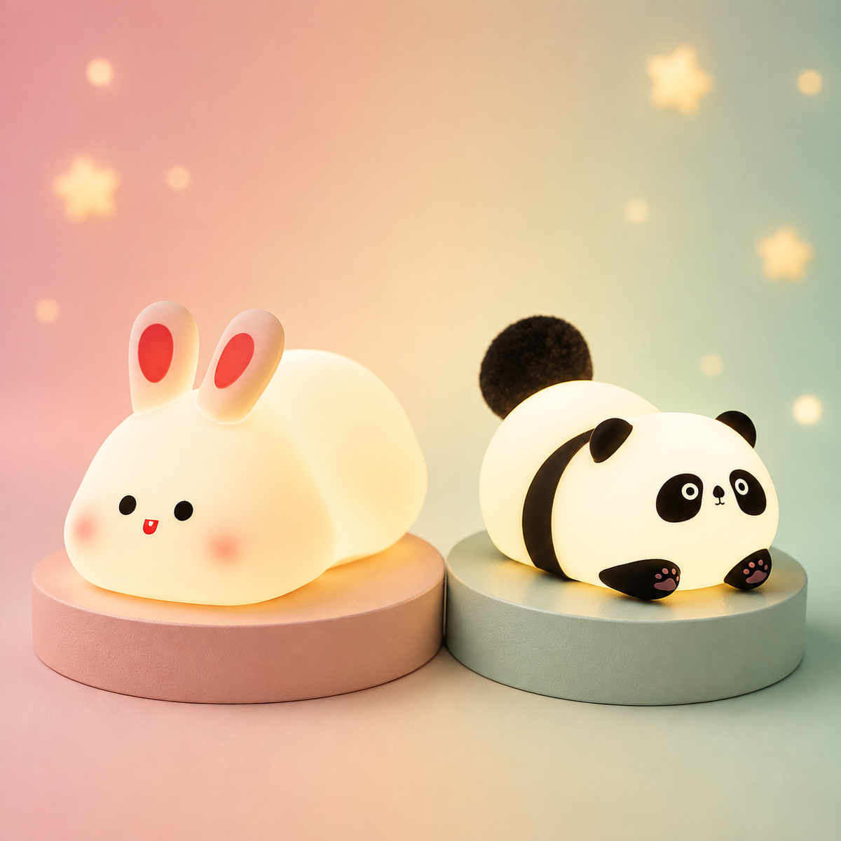 PKNEW® 7-kolorowa silikonowa lampka nocna dotykowa do spania 🌙 – Miękka w dotyku, ładowana przez USB, do wyboru w wariancie króliczek i panda 💕