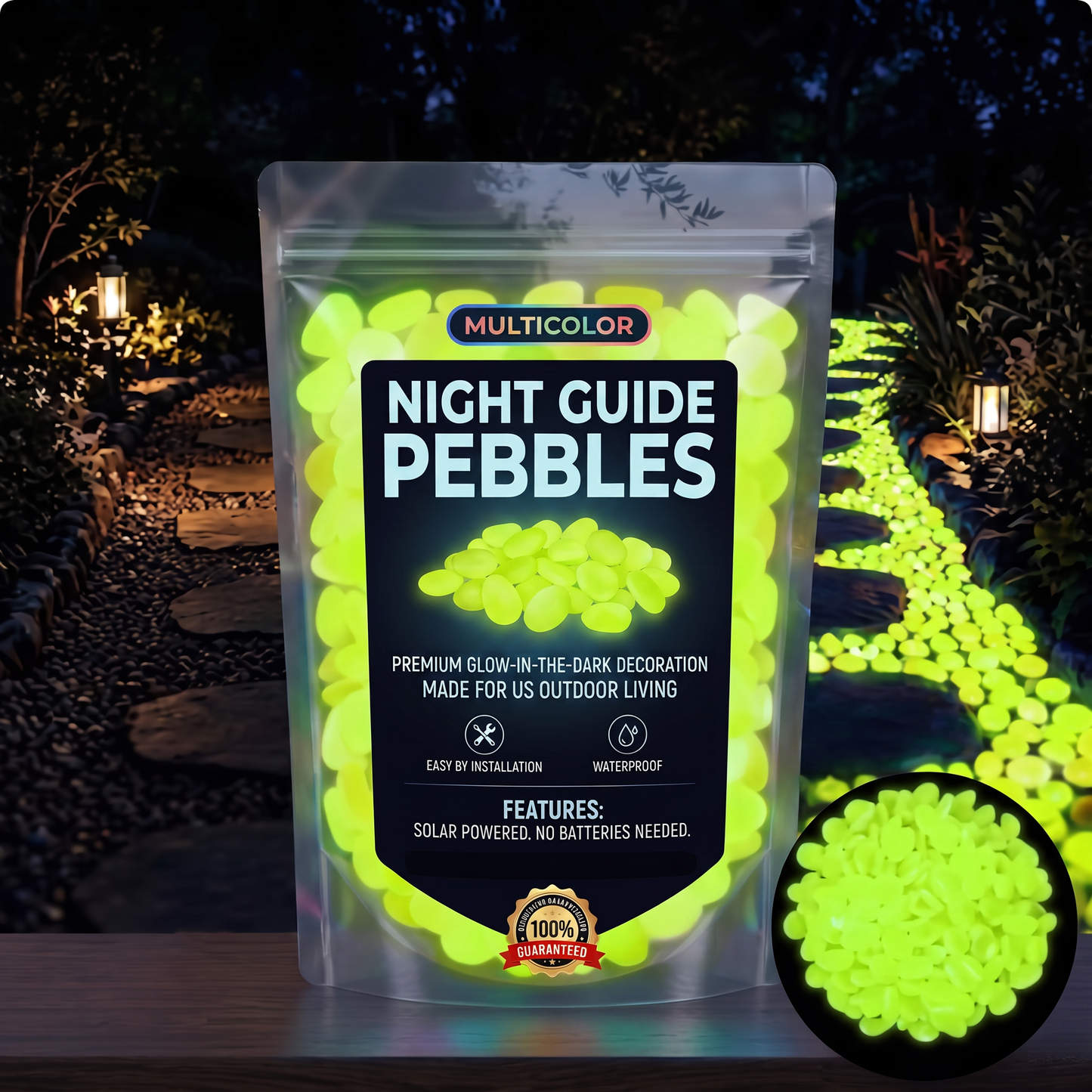 PKNEW® 🍇 Svítící zahradní kamínky nabíjené světlem ✨ – barevná noční záře bez kabelů a baterií, voděodolná dekorace pro cestičky, květináče, záhony, terasu i okolí bazénu