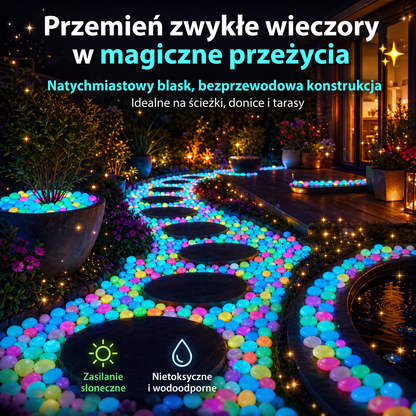 PKNEW® Świecące kamienie ogrodowe ładowane światłem 👑 – kolorowy nocny blask bez kabli i baterii, wodoodporna dekoracja na ścieżki, do doniczek, rabat, na taras oraz wokół basenu 💎