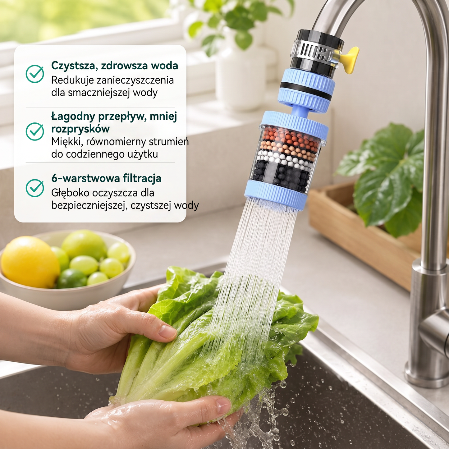PKNEW® 6-warstwowy filtr do wody na kran obracany o 360 stopni, bez rozprysków, do zlewu kuchennego do mycia owoców, warzyw i naczyń 🚿