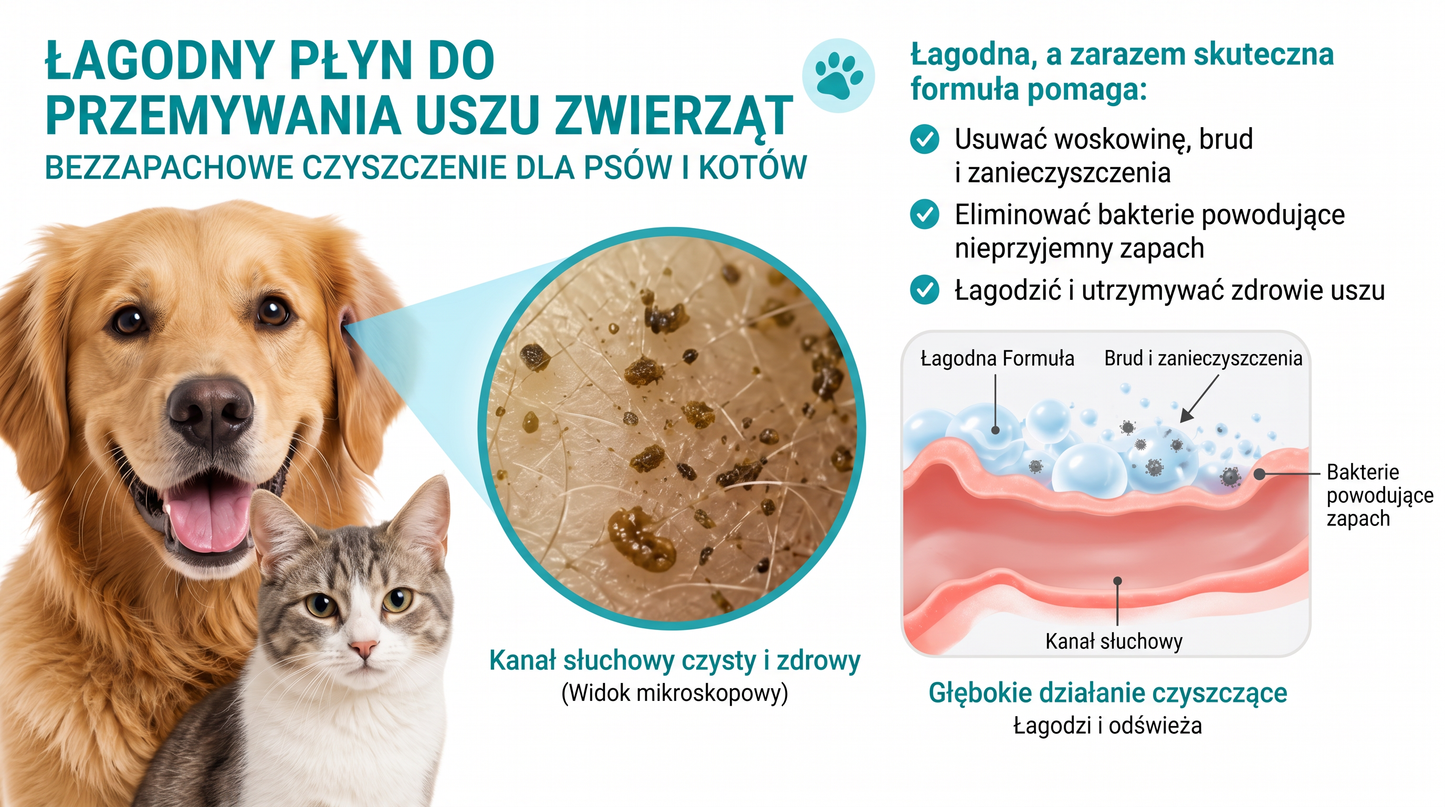 𝐏𝐊𝐍𝐄𝐖® Łagodny płyn do czyszczenia uszu zwierząt | Bezzapachowe czyszczenie dla psów i kotów