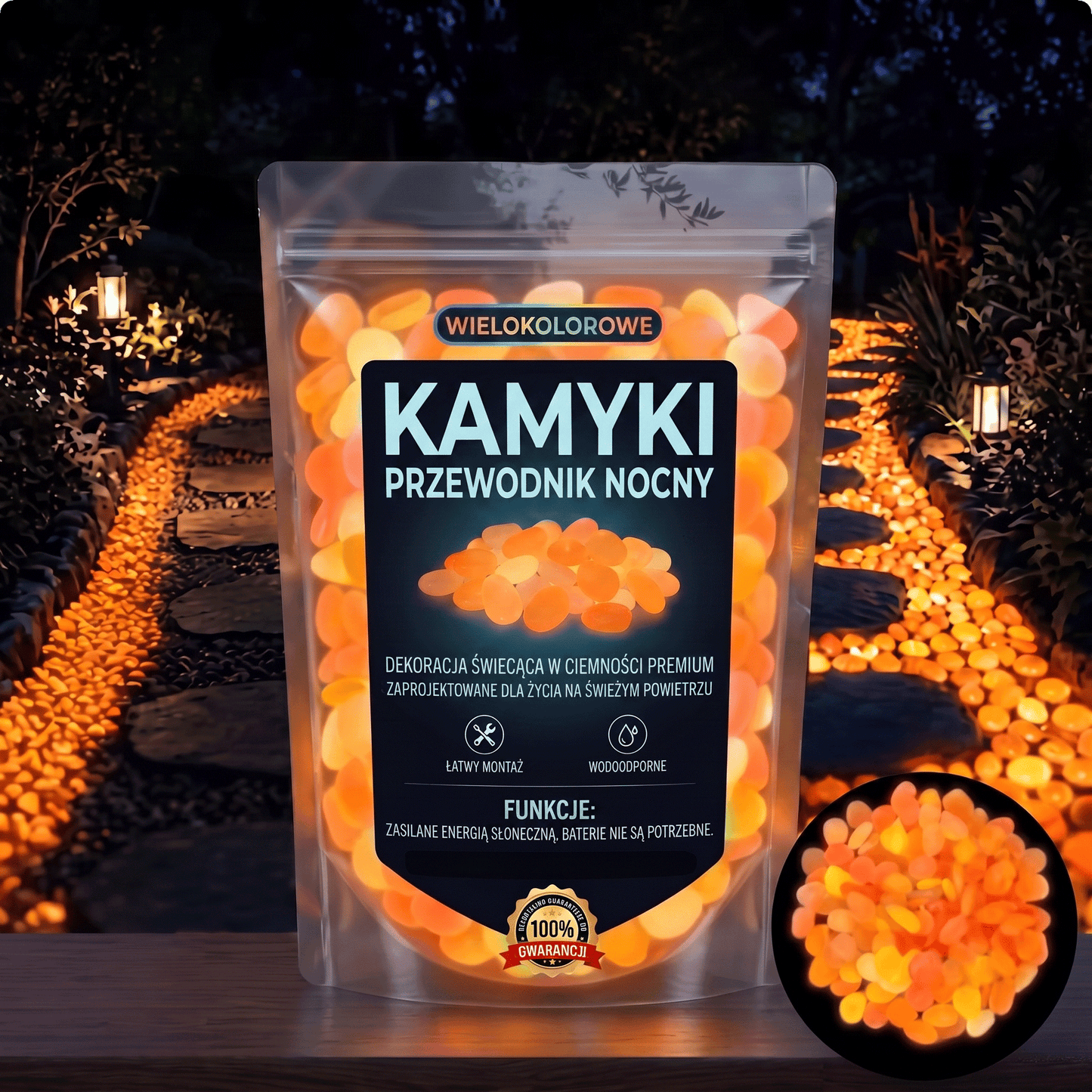 PKNEW® Świecące kamienie ogrodowe ładowane światłem 👑 – kolorowy nocny blask bez kabli i baterii, wodoodporna dekoracja na ścieżki, do doniczek, rabat, na taras oraz wokół basenu 💎