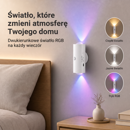 PKNEW® 💡 Inteligentna dwukierunkowa lampka nocna RGB z czujnikiem ruchu 🌈 – automatyczne włączanie, magnetyczna instalacja bez wiercenia i ładowanie USB-C do sypialni, korytarza i na schody 💎