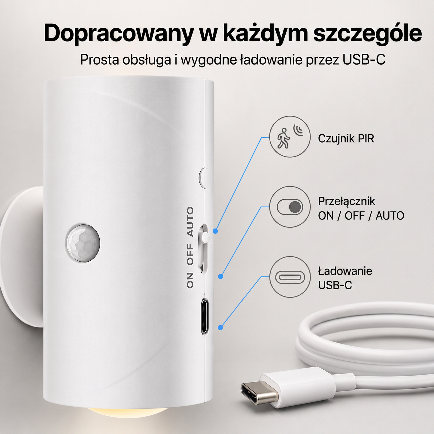 PKNEW® 💡 Inteligentna dwukierunkowa lampka nocna RGB z czujnikiem ruchu 🌈 – automatyczne włączanie, magnetyczna instalacja bez wiercenia i ładowanie USB-C do sypialni, korytarza i na schody 💎