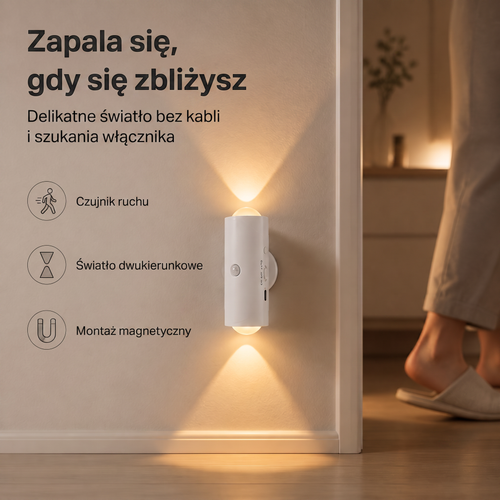 PKNEW® 💡 Inteligentna dwukierunkowa lampka nocna RGB z czujnikiem ruchu 🌈 – automatyczne włączanie, magnetyczna instalacja bez wiercenia i ładowanie USB-C do sypialni, korytarza i na schody 💎