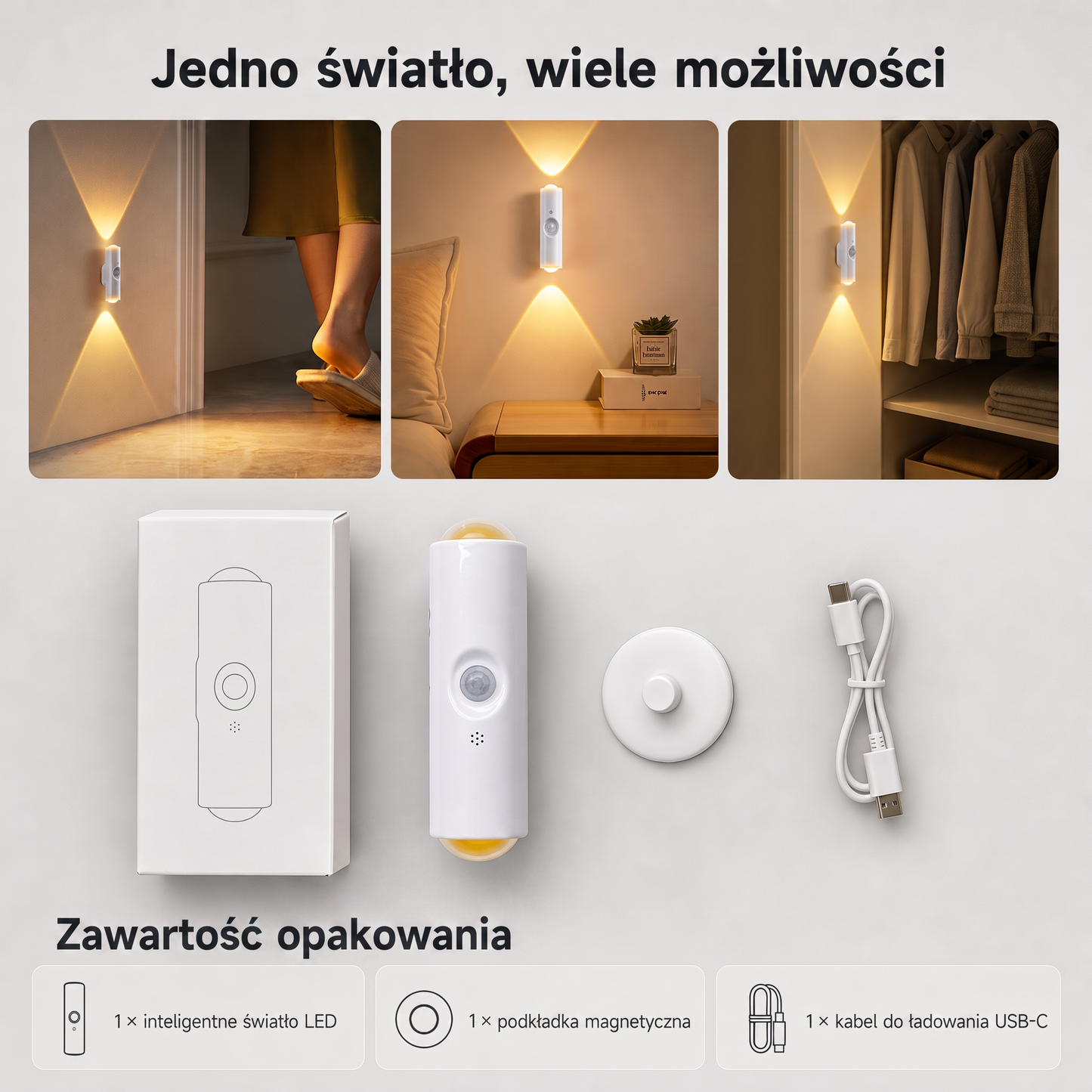 PKNEW® 💡 Inteligentna dwukierunkowa lampka nocna RGB z czujnikiem ruchu 🌈 – automatyczne włączanie, magnetyczna instalacja bez wiercenia i ładowanie USB-C do sypialni, korytarza i na schody 💎