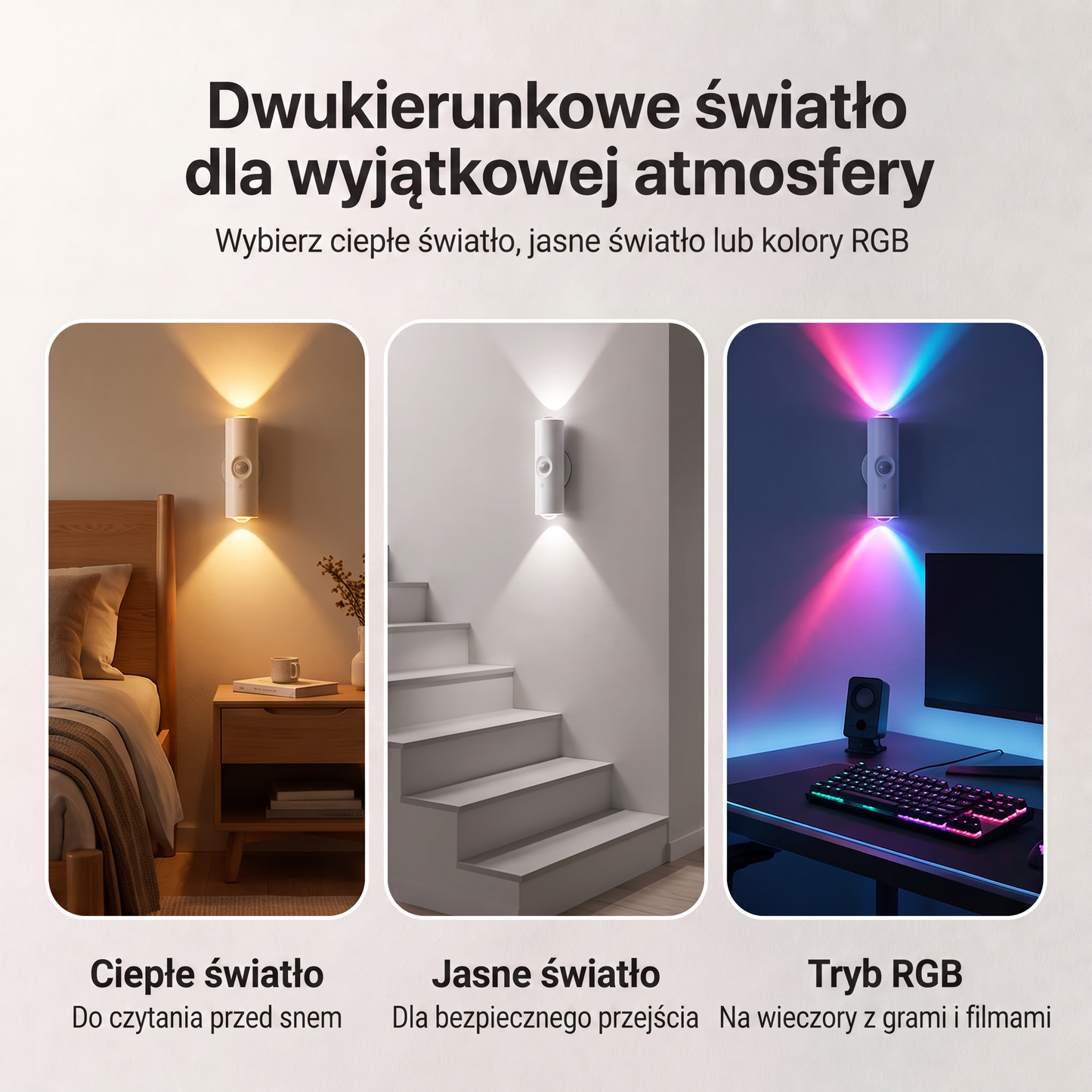 PKNEW® 💡 Inteligentna dwukierunkowa lampka nocna RGB z czujnikiem ruchu 🌈 – automatyczne włączanie, magnetyczna instalacja bez wiercenia i ładowanie USB-C do sypialni, korytarza i na schody 💎
