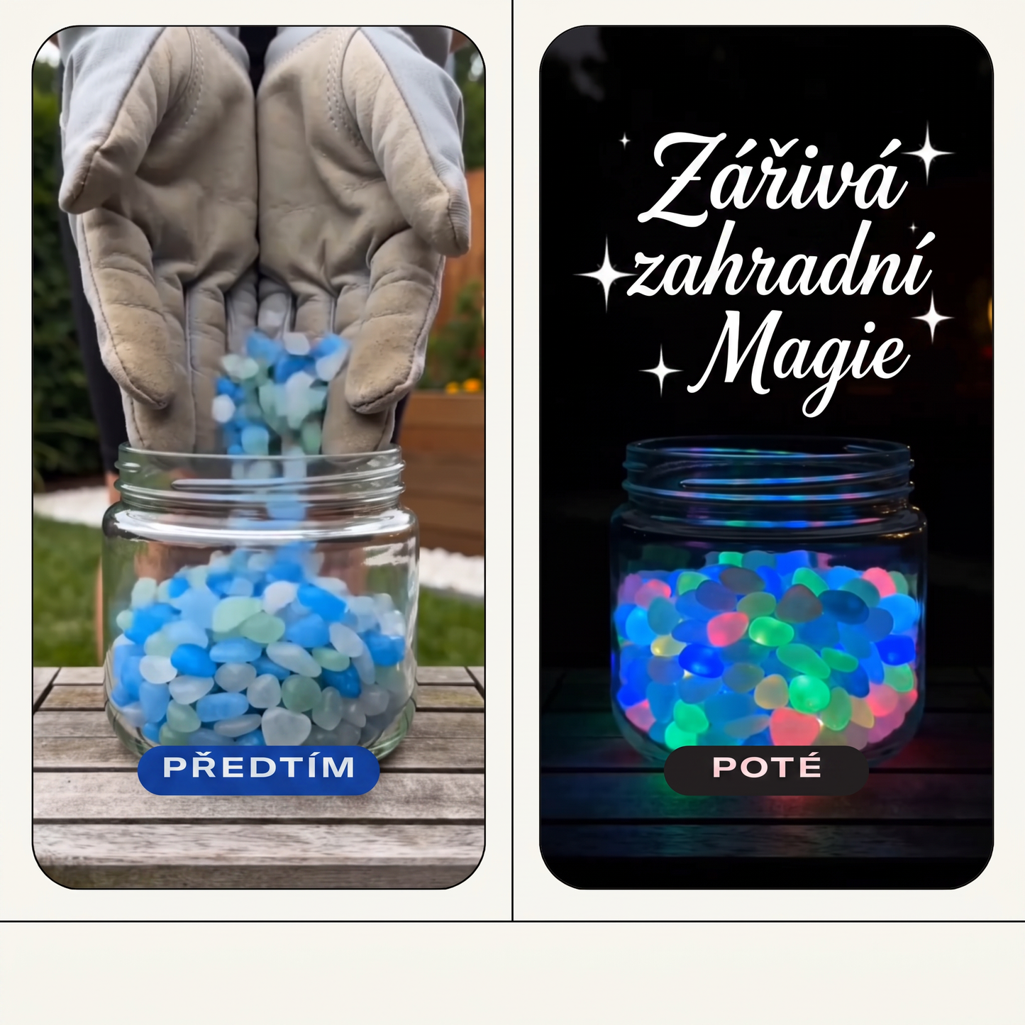 PKNEW® 🍇 Svítící zahradní kamínky nabíjené světlem ✨ – barevná noční záře bez kabelů a baterií, voděodolná dekorace pro cestičky, květináče, záhony, terasu i okolí bazénu