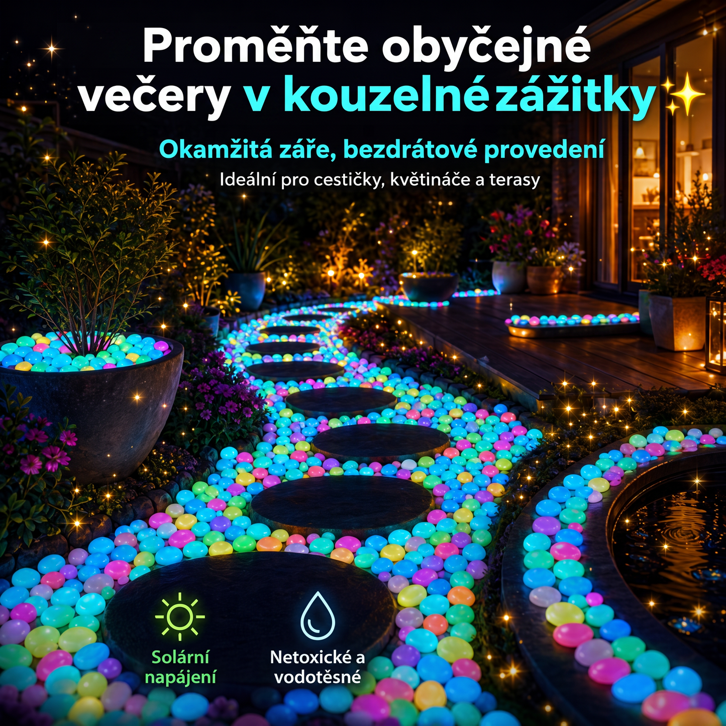 PKNEW® 🍇 Svítící zahradní kamínky nabíjené světlem ✨ – barevná noční záře bez kabelů a baterií, voděodolná dekorace pro cestičky, květináče, záhony, terasu i okolí bazénu