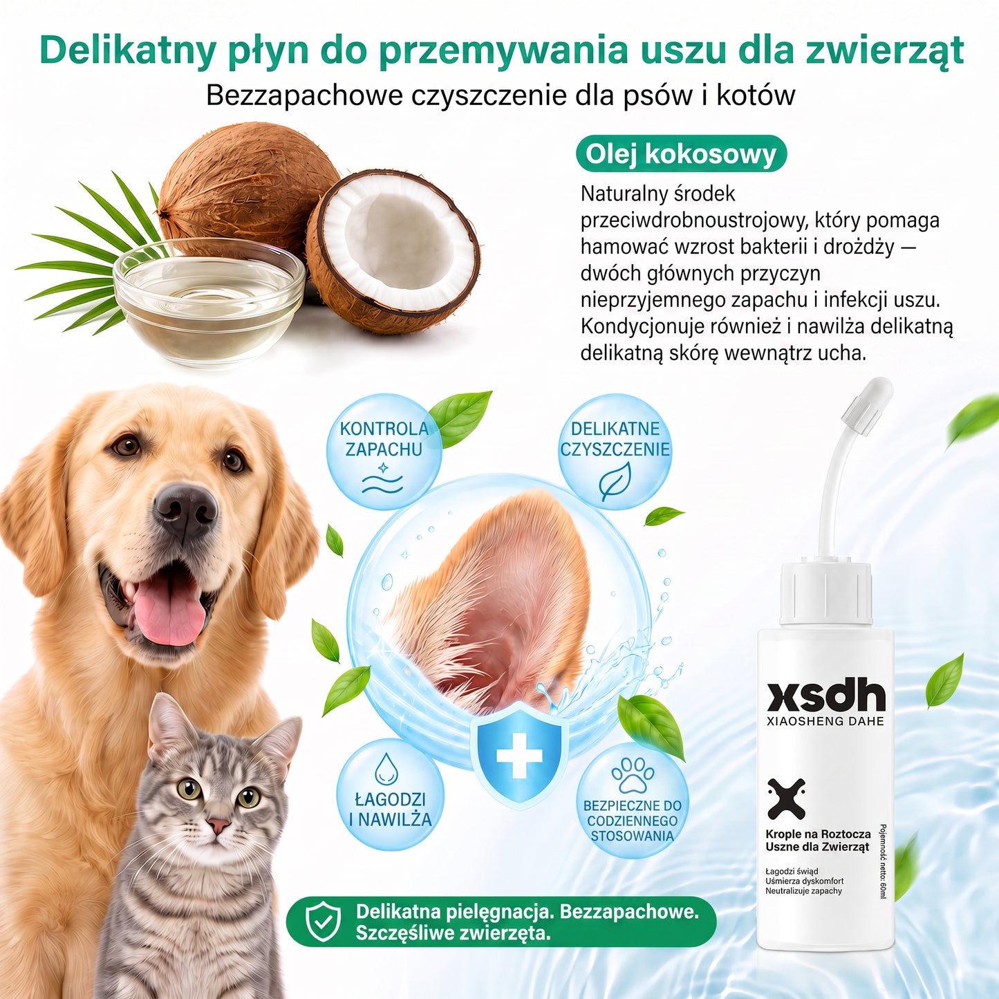𝐏𝐊𝐍𝐄𝐖® Łagodny płyn do czyszczenia uszu zwierząt | Bezzapachowe czyszczenie dla psów i kotów