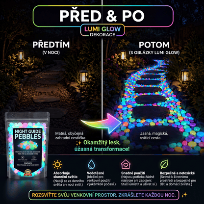 PKNEW® 🍇 Svítící zahradní kamínky nabíjené světlem ✨ – barevná noční záře bez kabelů a baterií, voděodolná dekorace pro cestičky, květináče, záhony, terasu i okolí bazénu