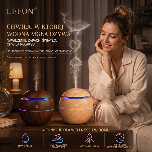 LEFUN® Inteligentny nawilżacz i dyfuzor zapachowy z formowaną mgiełką 🌈 – Drewniany design z efektami meduzy i oświetleniem RGB 💎