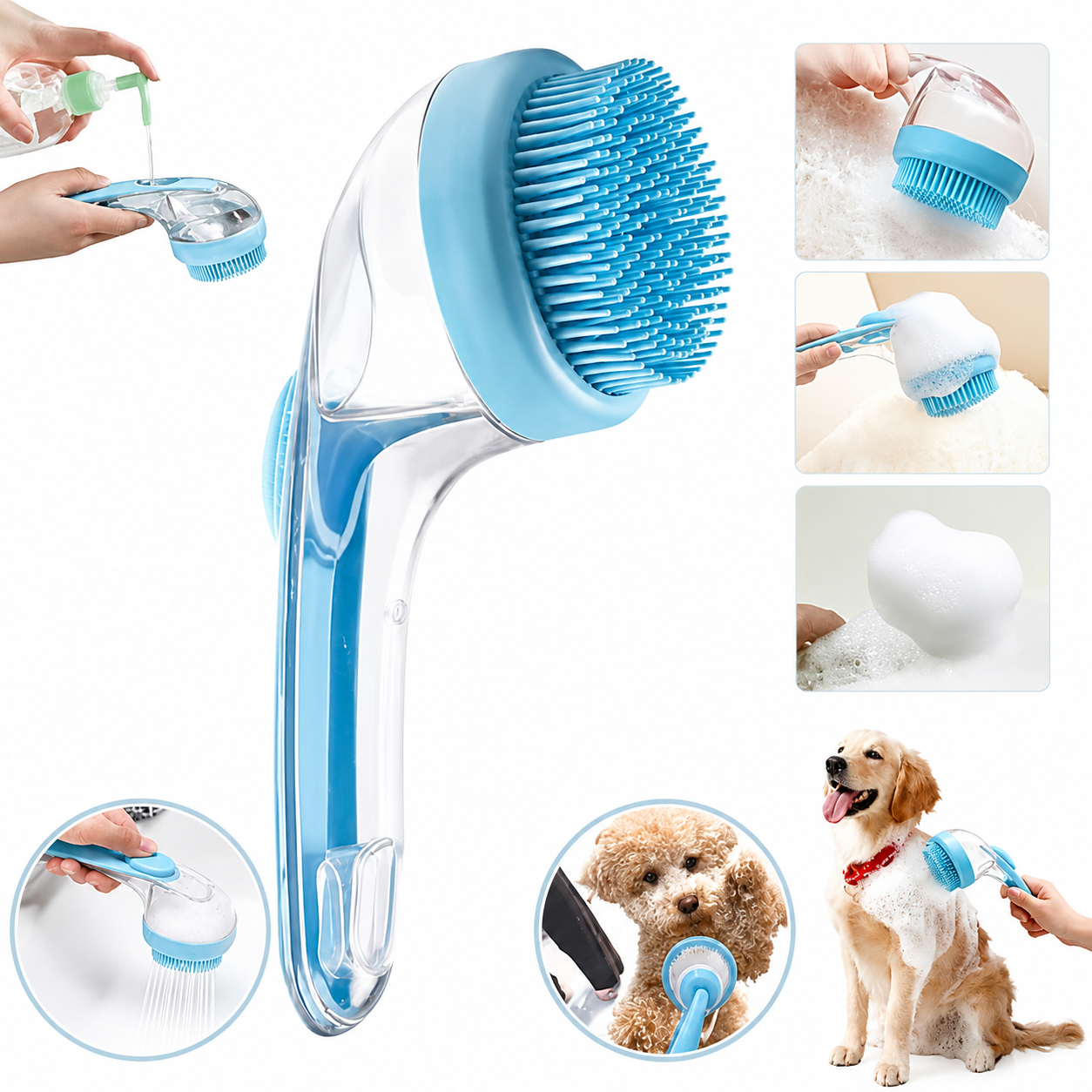 PKNEW® 🐕 Szczotka do kąpieli 2w1 z dozownikiem szamponu – Miękka silikonowa szczotka do pielęgnacji sierści psów i kotów 💎