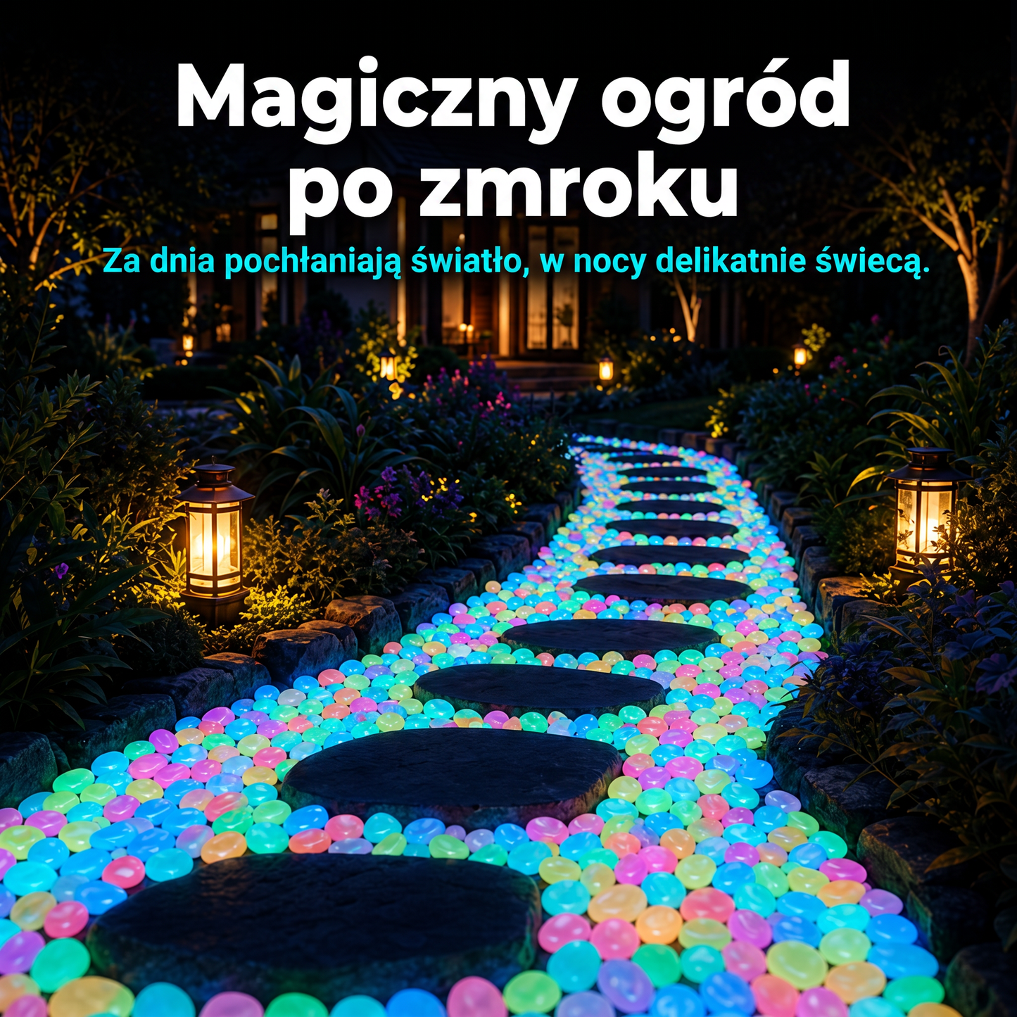 PKNEW® Świecące kamienie ogrodowe ładowane światłem 👑 – kolorowy nocny blask bez kabli i baterii, wodoodporna dekoracja na ścieżki, do doniczek, rabat, na taras oraz wokół basenu 💎