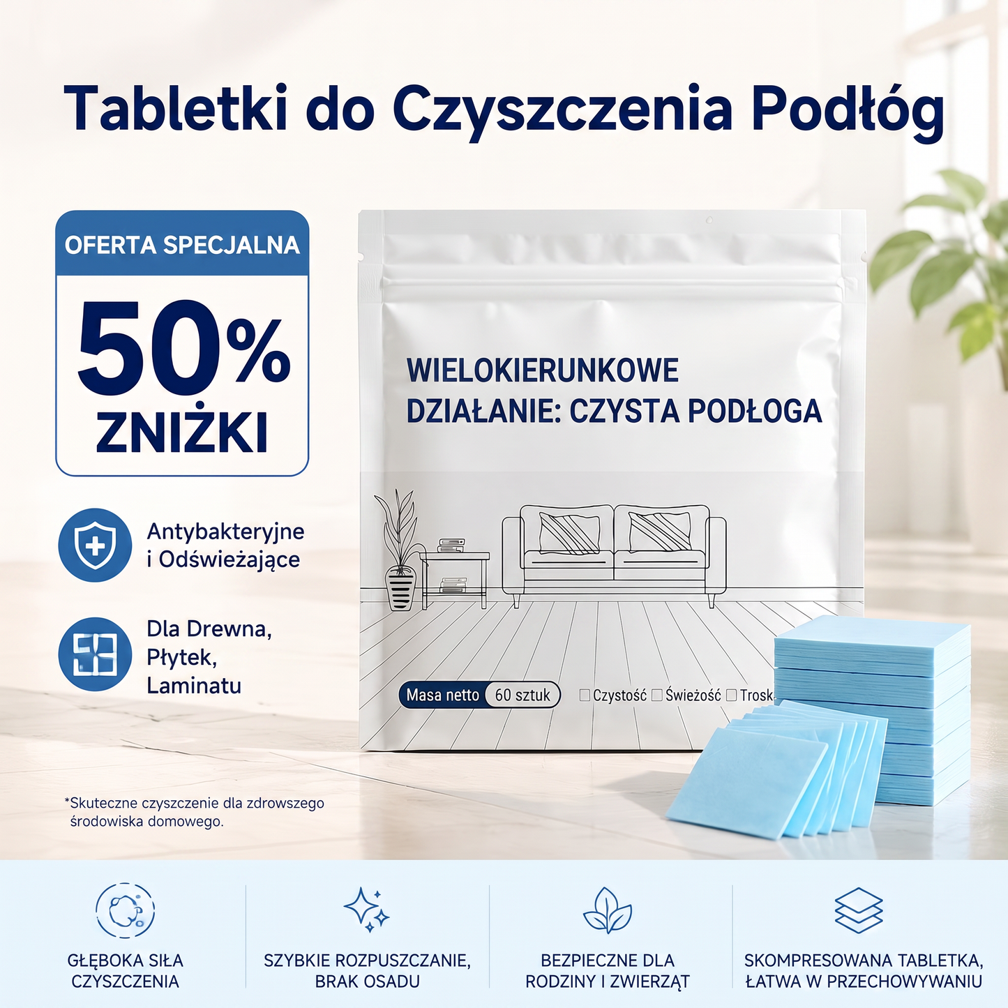 🌈🌈 PKNEW® Tabletki do mycia podłóg, środek czyszczący do wielu powierzchni: drewna, paneli, płytek i ścian w kamperach, antybakteryjne, dezodoryzujące, do pielęgnacji