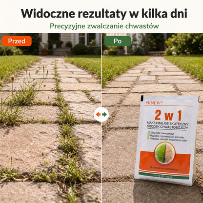 PKNEW® Granulowany środek chwastobójczy 2 w 1 Max Power 👑 – widoczny efekt już po 6 godzinach, łatwe rozpuszczanie w wodzie i precyzyjne stosowanie na fugi, ścieżki, ogrodzenia oraz powierzchnie żwirowe 💎