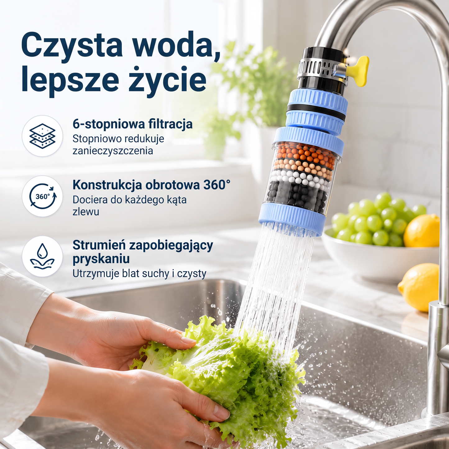 PKNEW® 6-warstwowy filtr do wody na kran obracany o 360 stopni, bez rozprysków, do zlewu kuchennego do mycia owoców, warzyw i naczyń 🚿