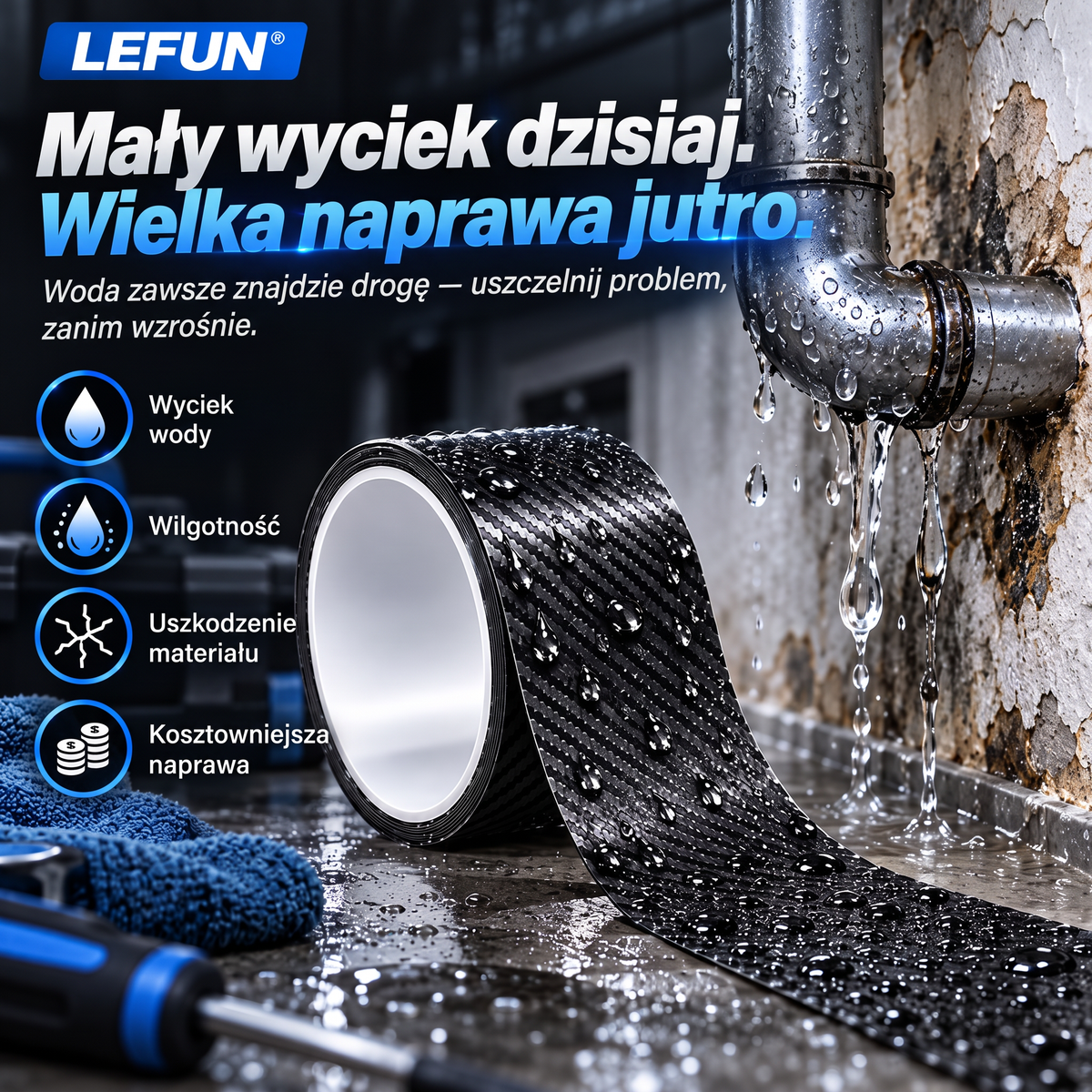 LEFUN® 💧 Wyjątkowo mocna taśma wodoodporna – warstwa ochronna o wyglądzie karbonu + uszczelka butylowa chroniąca przed przeciekami i wilgocią