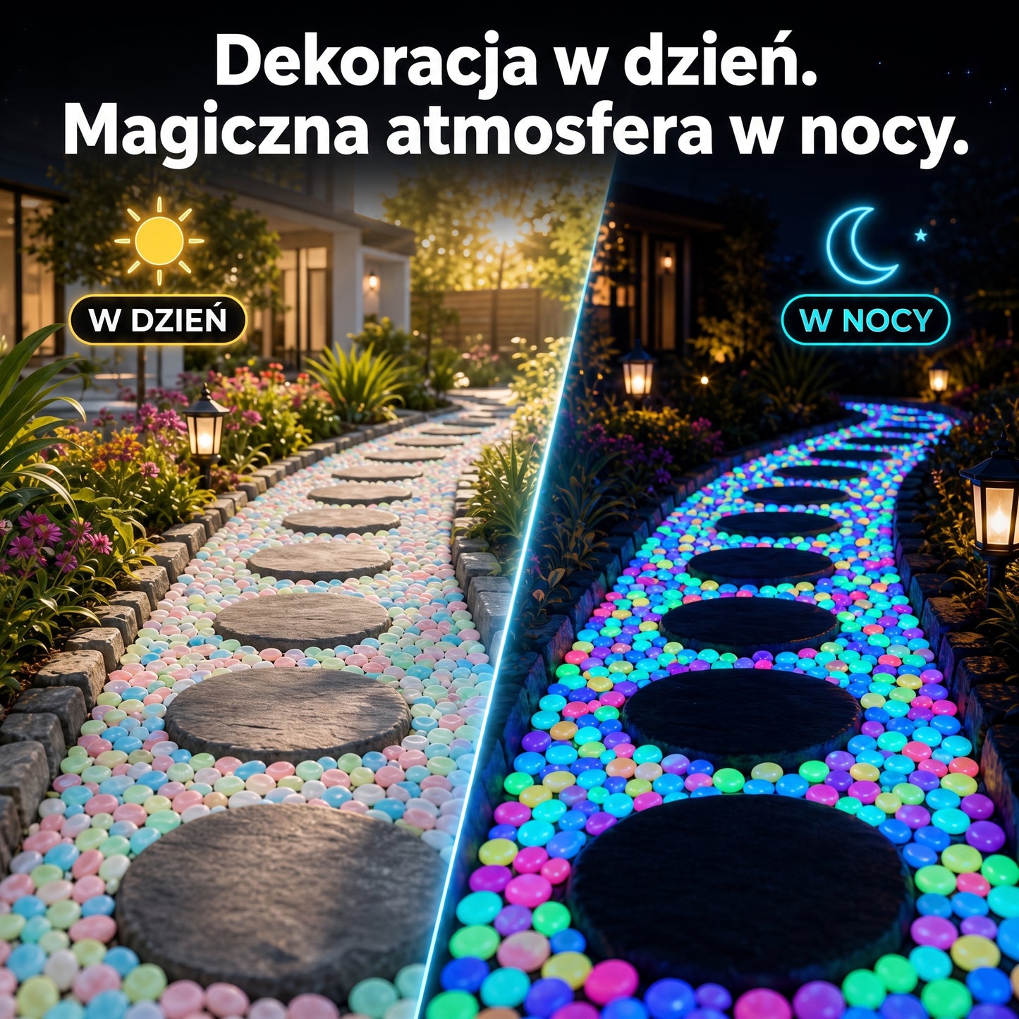 PKNEW® Świecące kamienie ogrodowe ładowane światłem 👑 – kolorowy nocny blask bez kabli i baterii, wodoodporna dekoracja na ścieżki, do doniczek, rabat, na taras oraz wokół basenu 💎