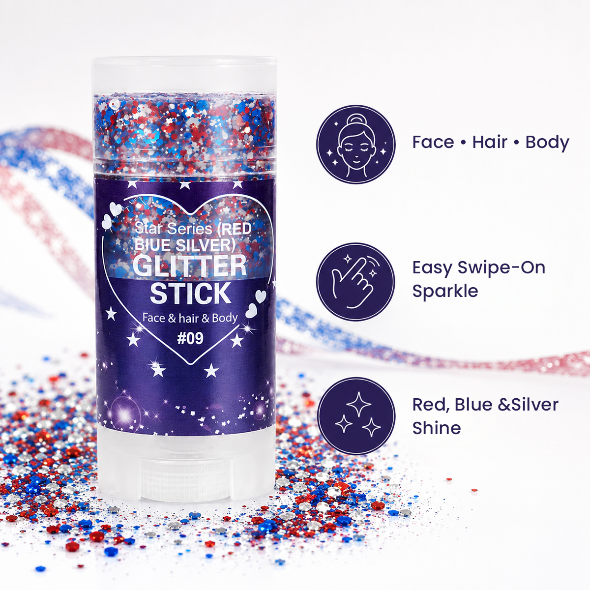 Patriotic Red White & Blue Glitter Stick