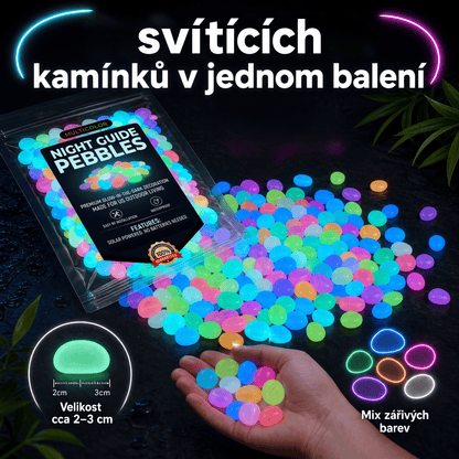 PKNEW® 🍇 Svítící zahradní kamínky nabíjené světlem ✨ – barevná noční záře bez kabelů a baterií, voděodolná dekorace pro cestičky, květináče, záhony, terasu i okolí bazénu