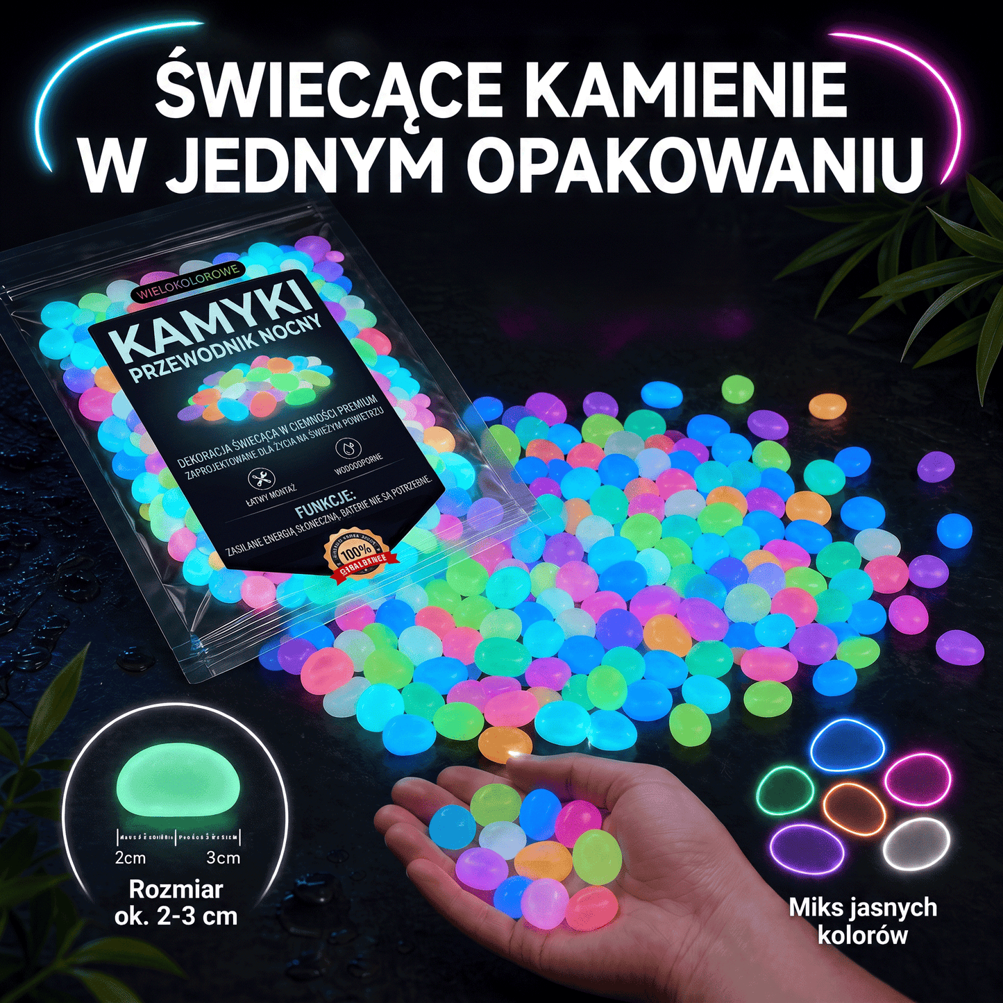 PKNEW® Świecące kamienie ogrodowe ładowane światłem 👑 – kolorowy nocny blask bez kabli i baterii, wodoodporna dekoracja na ścieżki, do doniczek, rabat, na taras oraz wokół basenu 💎
