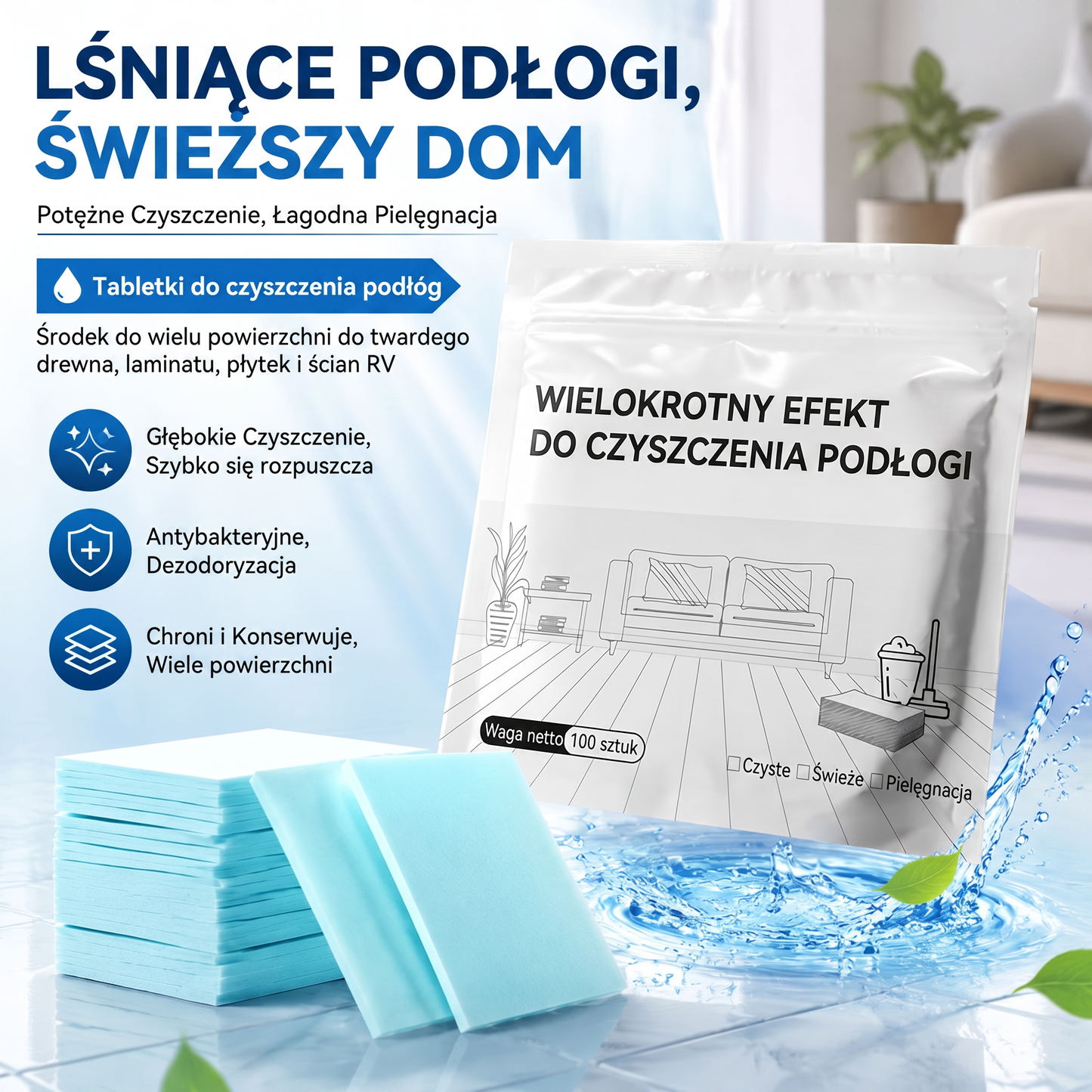 🌈🌈 PKNEW® Tabletki do mycia podłóg, środek czyszczący do wielu powierzchni: drewna, paneli, płytek i ścian w kamperach, antybakteryjne, dezodoryzujące, do pielęgnacji