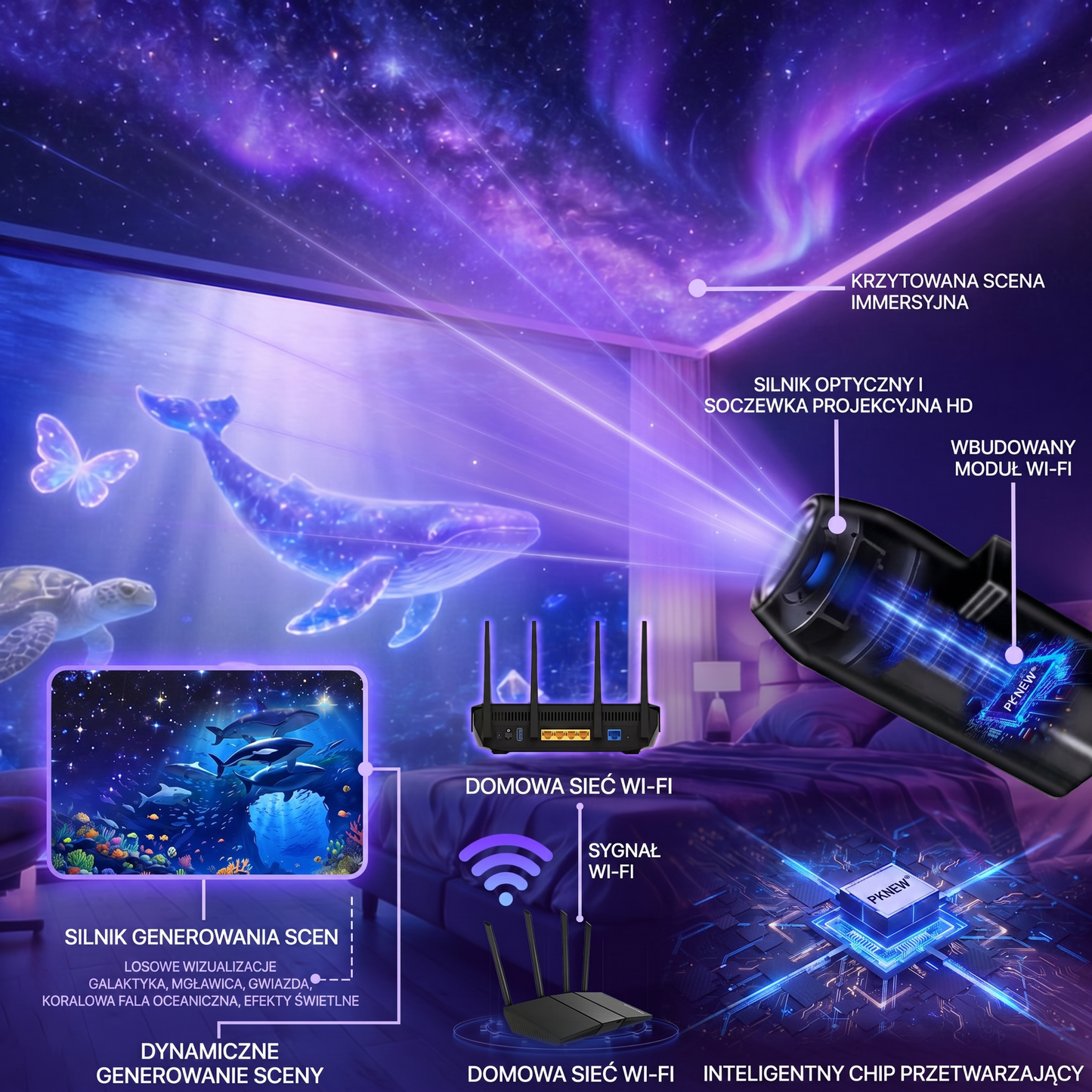PKNEW® 🦄 INTELIGENTNY PROJEKTOR HD NOWEJ GENERACJI – Dynamiczny Holograficzny Projektor Nocny 5D 💎