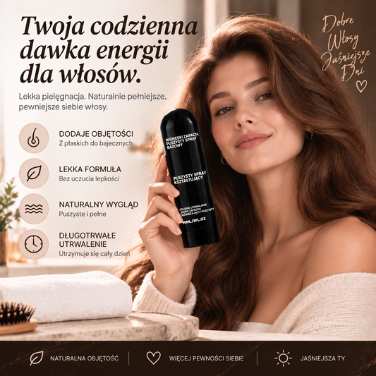 Vitalisys® Fluffy Hair – Modelujący spray zwiększający objętość włosów – lekka formuła dodająca objętości od nasady, zapewniająca naturalny ruch włosów i delikatny brzoskwiniowy zapach 💎