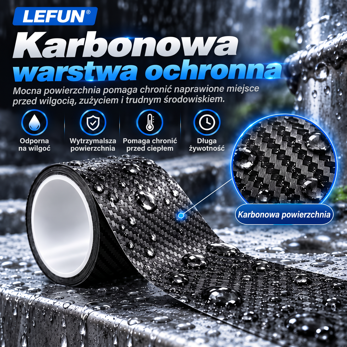 LEFUN® 💧 Wyjątkowo mocna taśma wodoodporna – warstwa ochronna o wyglądzie karbonu + uszczelka butylowa chroniąca przed przeciekami i wilgocią