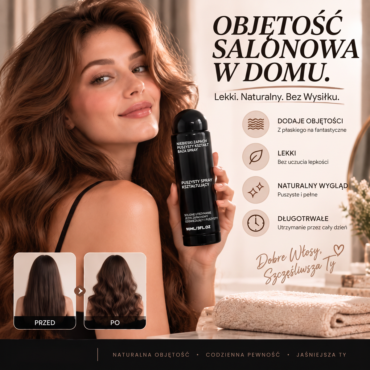 🔥🔥Vitalisys® Fluffy Hair – Modelujący spray zwiększający objętość włosów – lekka formuła dodająca objętości od nasady, zapewniająca naturalny ruch włosów i delikatny brzoskwiniowy zapach 👸