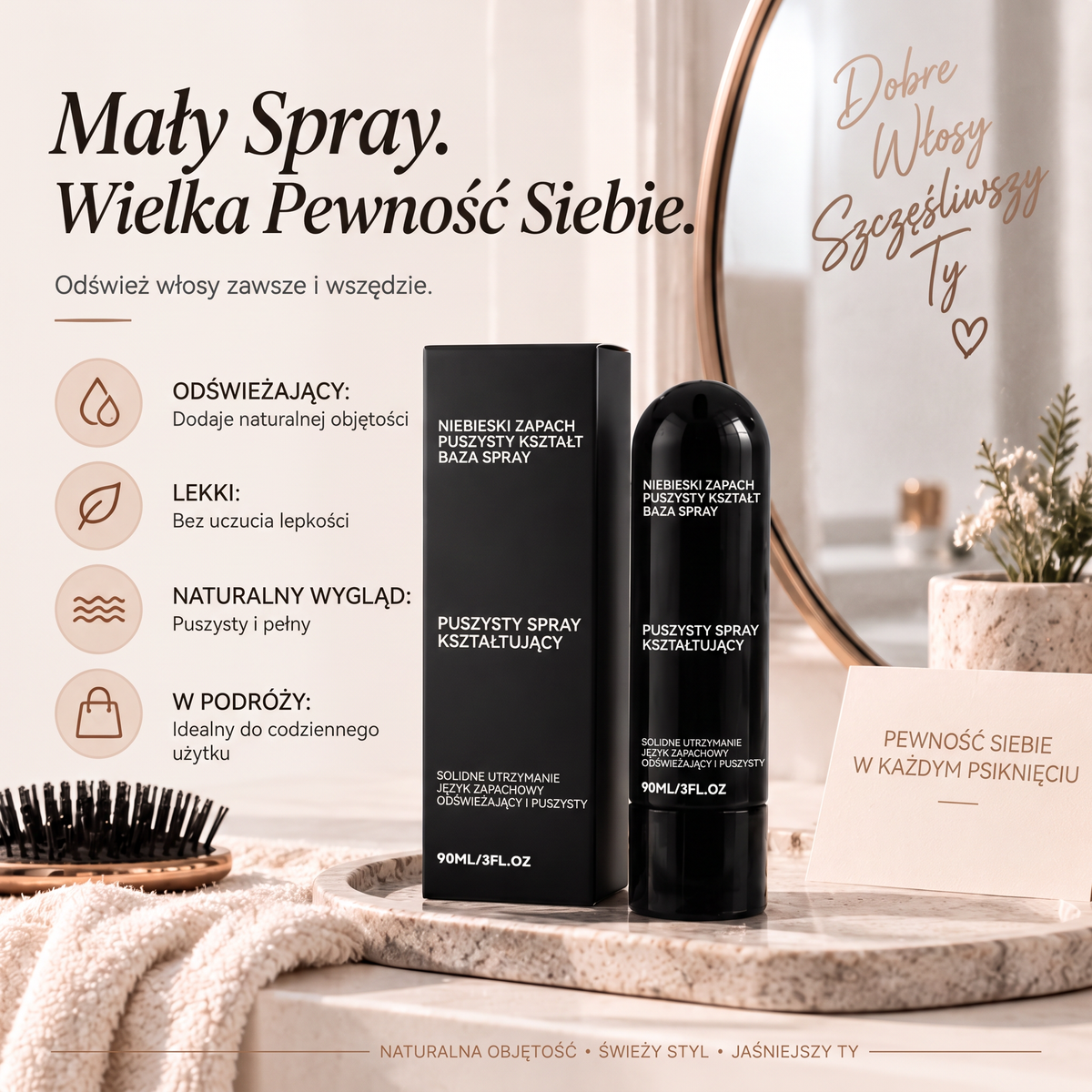 🔥🔥Vitalisys® Fluffy Hair – Modelujący spray zwiększający objętość włosów – lekka formuła dodająca objętości od nasady, zapewniająca naturalny ruch włosów i delikatny brzoskwiniowy zapach 👸