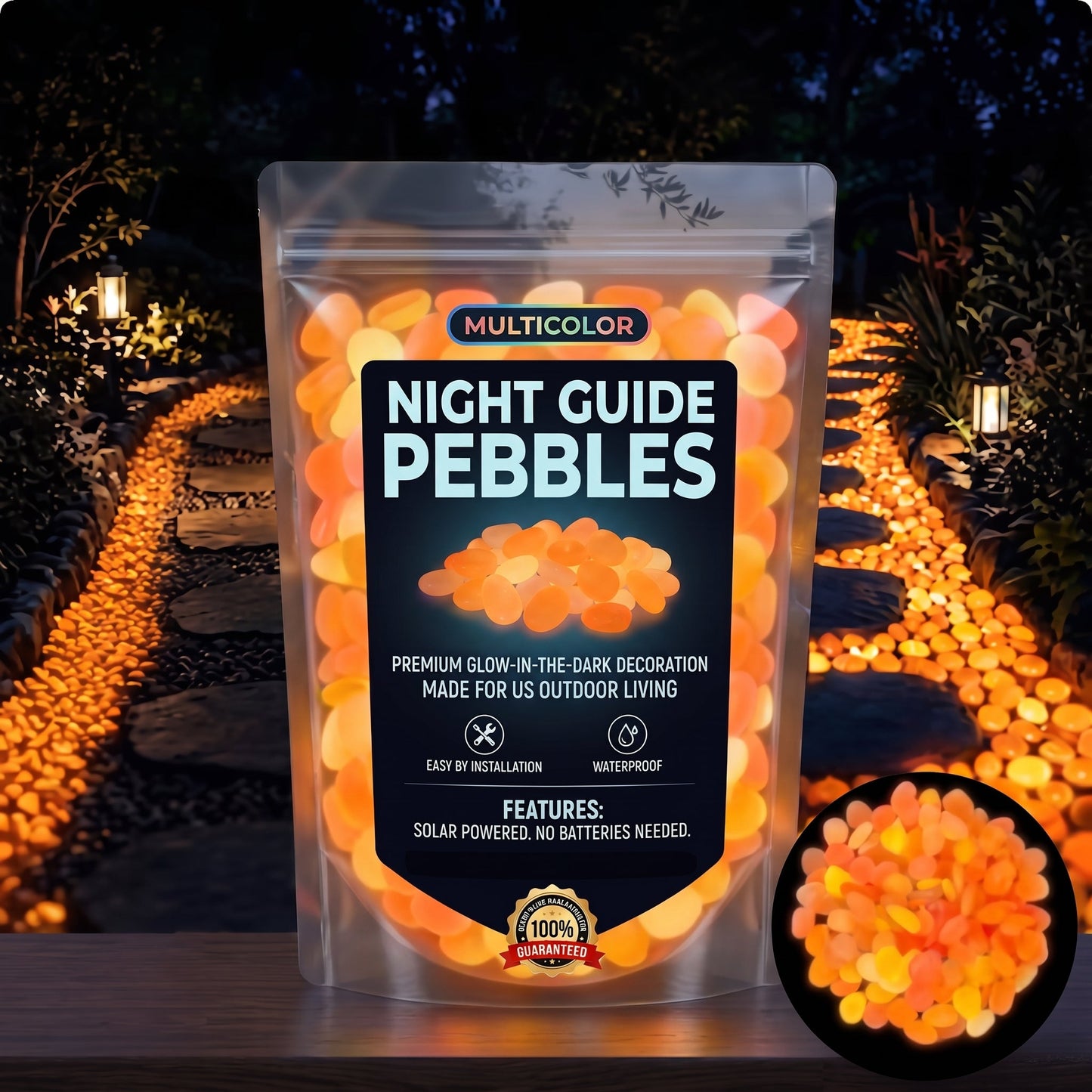 PKNEW® 🍇 Svítící zahradní kamínky nabíjené světlem ✨ – barevná noční záře bez kabelů a baterií, voděodolná dekorace pro cestičky, květináče, záhony, terasu i okolí bazénu