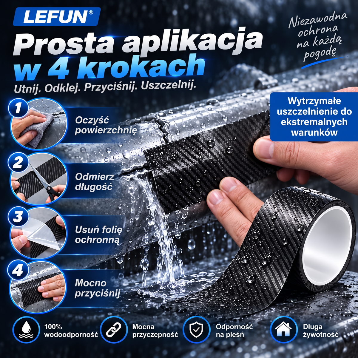 LEFUN® 💧 Wyjątkowo mocna taśma wodoodporna – warstwa ochronna o wyglądzie karbonu + uszczelka butylowa chroniąca przed przeciekami i wilgocią