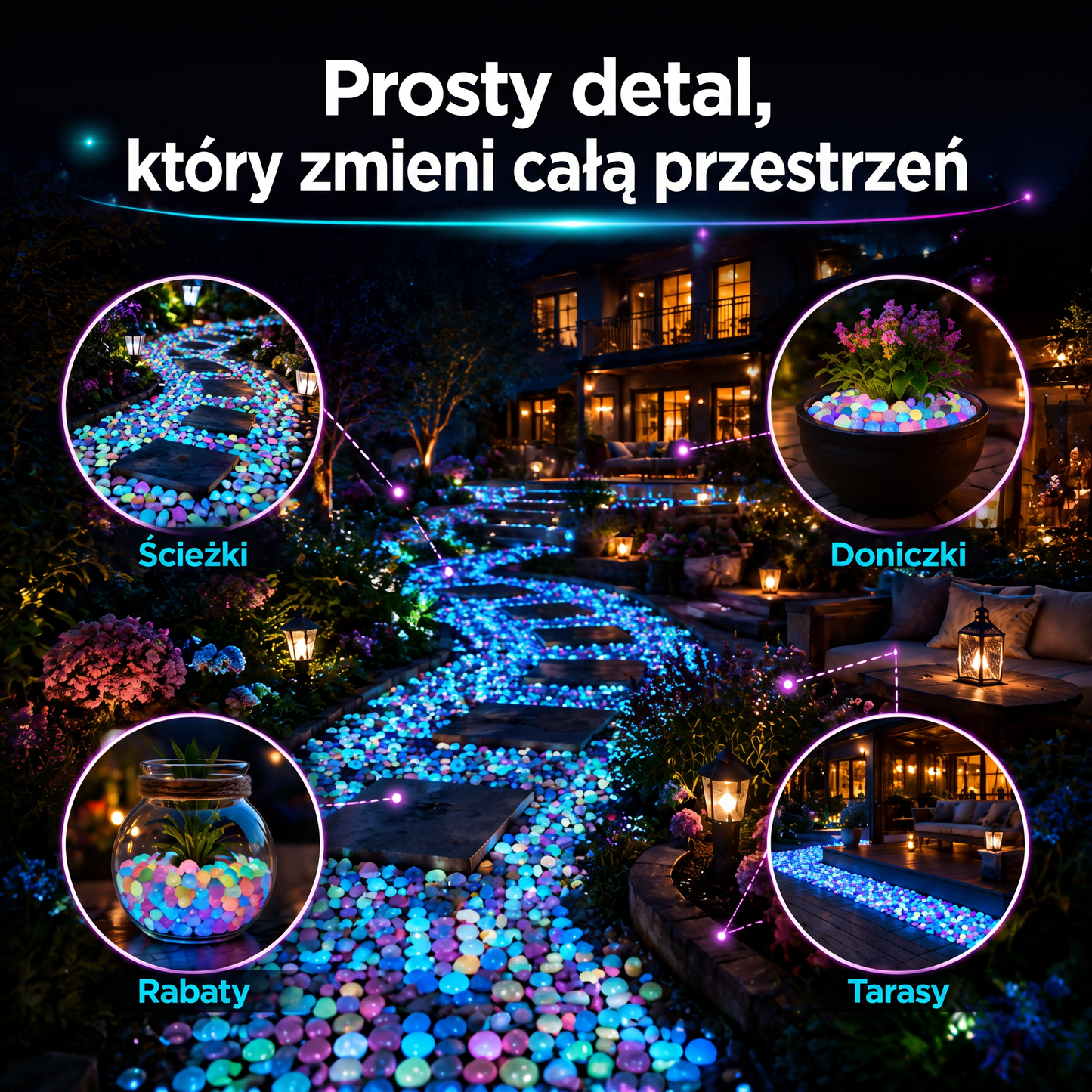 PKNEW® Świecące kamienie ogrodowe ładowane światłem 👑 – kolorowy nocny blask bez kabli i baterii, wodoodporna dekoracja na ścieżki, do doniczek, rabat, na taras oraz wokół basenu 💎