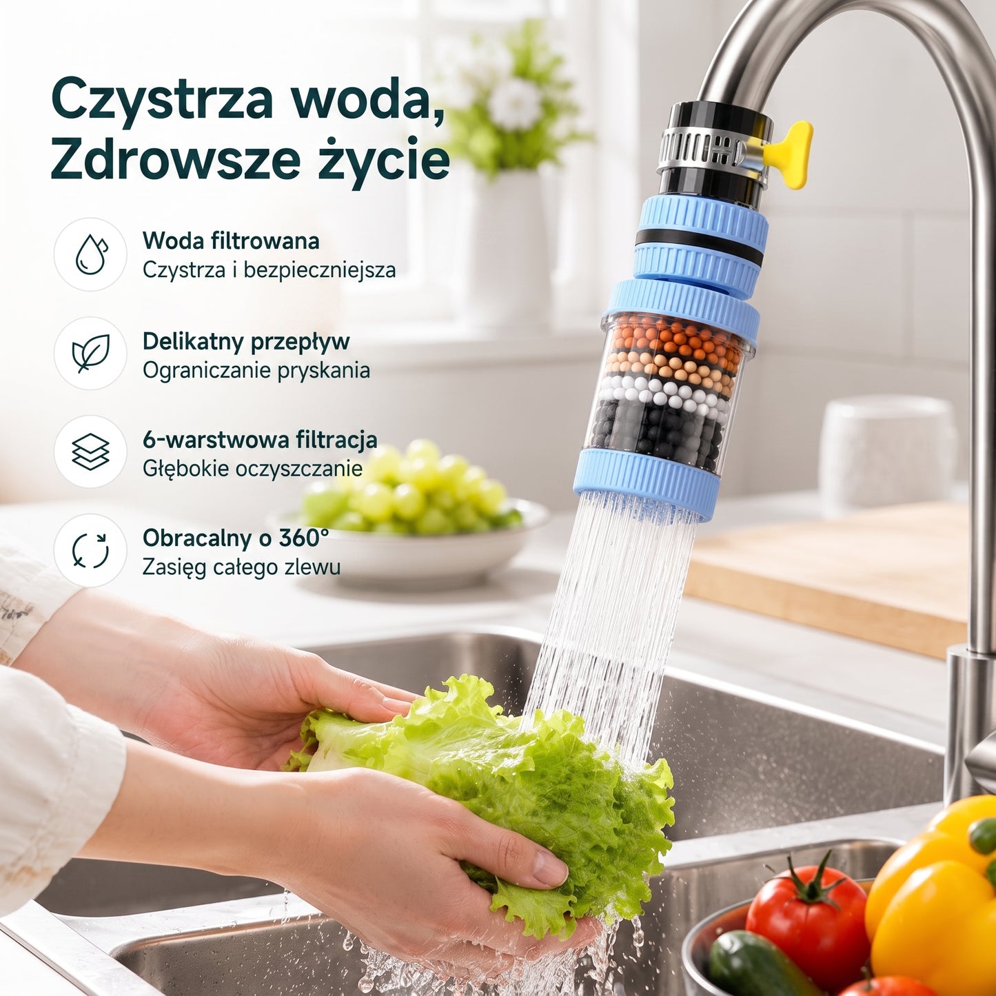 PKNEW® 6-warstwowy filtr do wody na kran obracany o 360 stopni, bez rozprysków, do zlewu kuchennego do mycia owoców, warzyw i naczyń 🚿