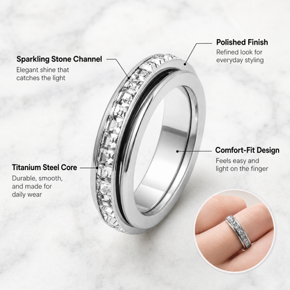 LAST DAY 50% OFF🥇🥇Glowche Anxiety Ring - Titanium Steel Spinner Fidget Band Rings with Cubic Zirconia, Designed to Relieve Anxiety