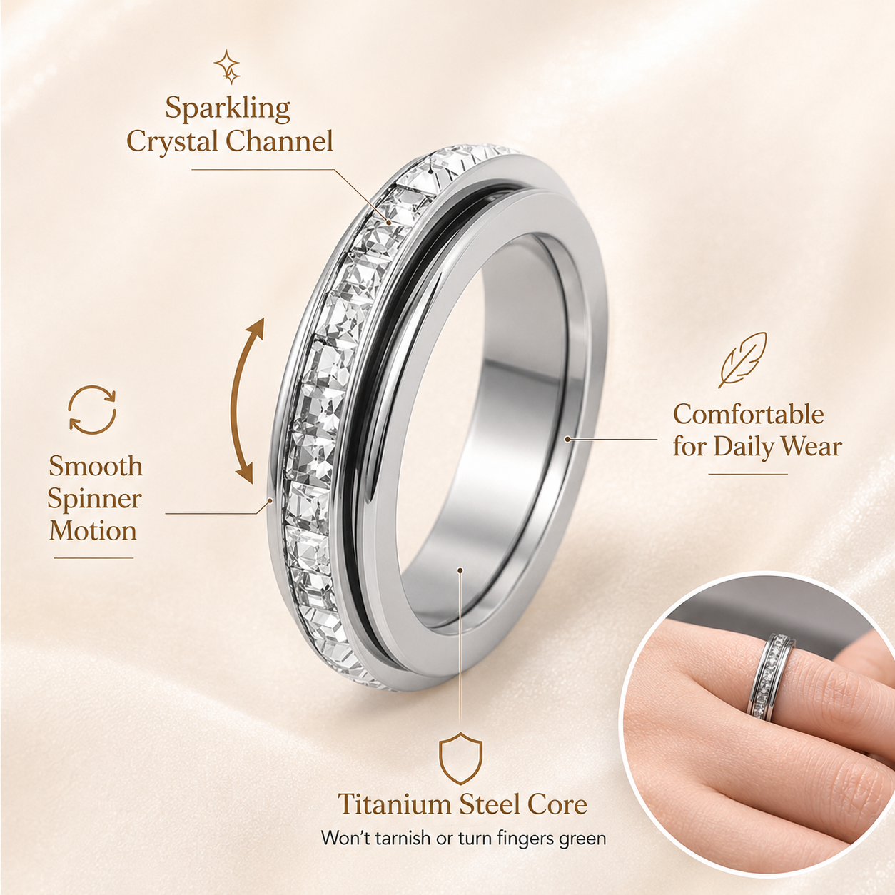 LAST DAY 50% OFF🥇🥇Glowche Anxiety Ring - Titanium Steel Spinner Fidget Band Rings with Cubic Zirconia, Designed to Relieve Anxiety