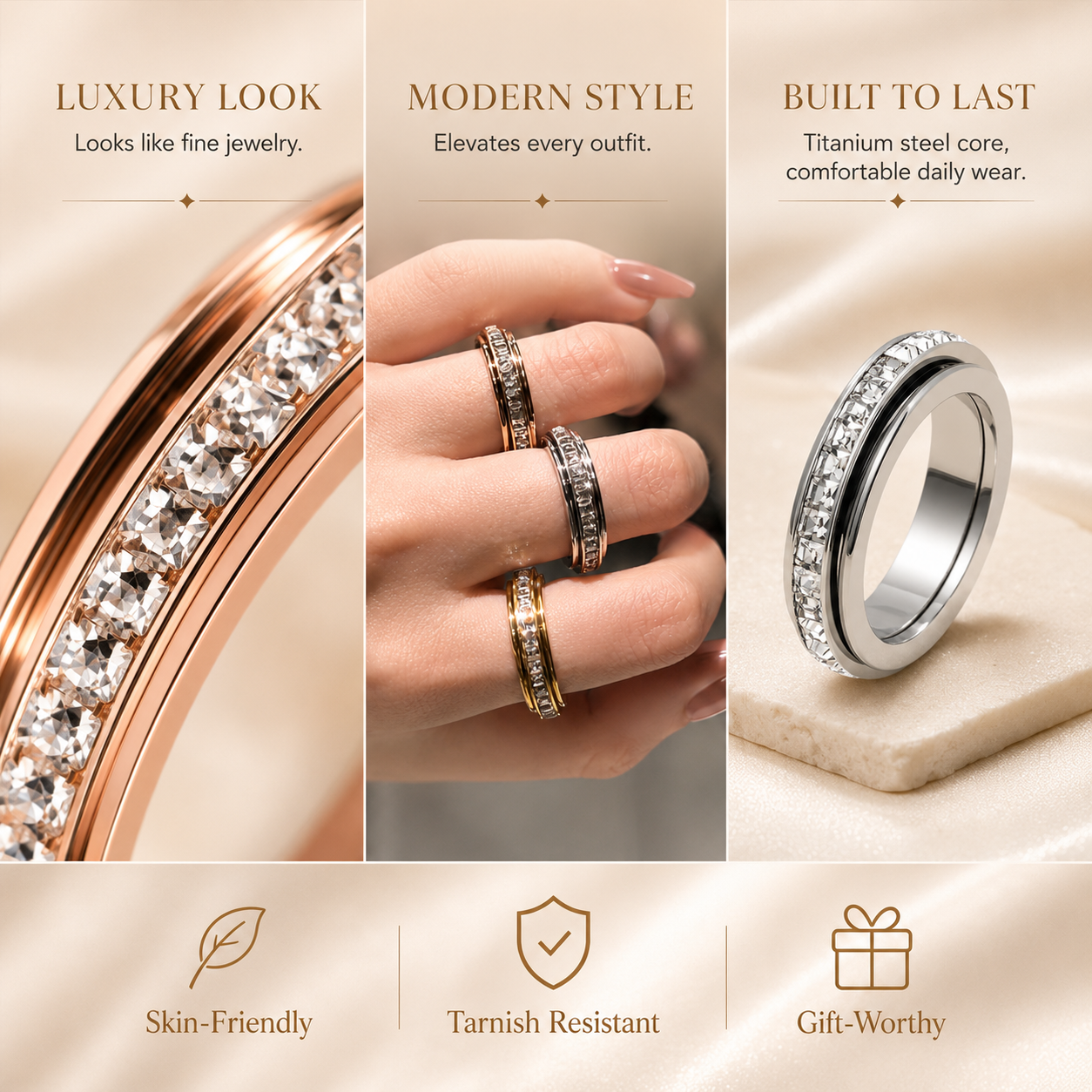LAST DAY 50% OFF🥇🥇Glowche Anxiety Ring - Titanium Steel Spinner Fidget Band Rings with Cubic Zirconia, Designed to Relieve Anxiety