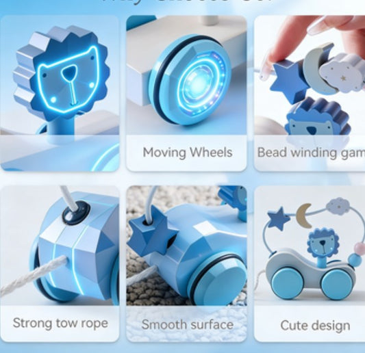 Natural Wooden Baby Pull Toy - Premium 2-in-1 Cartoon Building Block Trailer, Eco-Friendly Montessori Walking Assistant Toy for Boys & Girls