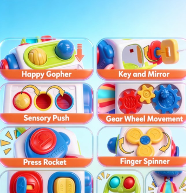 Toddler Busy Cube Sensory Toy - 7-in-1 Montessori Activity Board for Fine Motor Training, Compact Early Learning Travel Game