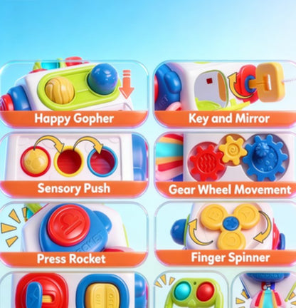 Toddler Busy Cube Sensory Toy - 7-in-1 Montessori Activity Board for Fine Motor Training, Compact Early Learning Travel Game