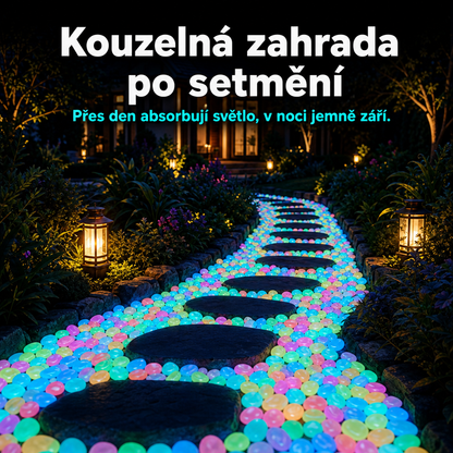 PKNEW® 🍇 Svítící zahradní kamínky nabíjené světlem ✨ – barevná noční záře bez kabelů a baterií, voděodolná dekorace pro cestičky, květináče, záhony, terasu i okolí bazénu