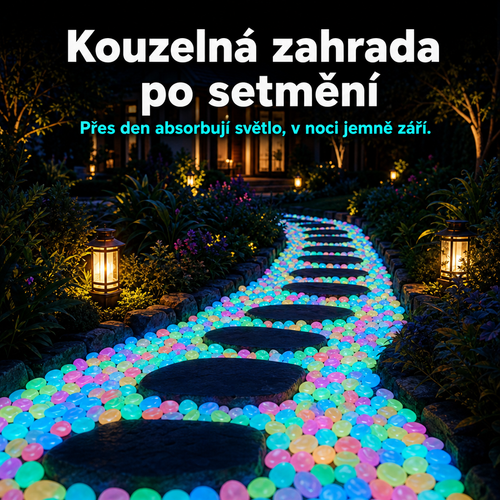 PKNEW® 🍇 Svítící zahradní kamínky nabíjené světlem ✨ – barevná noční záře bez kabelů a baterií, voděodolná dekorace pro cestičky, květináče, záhony, terasu i okolí bazénu