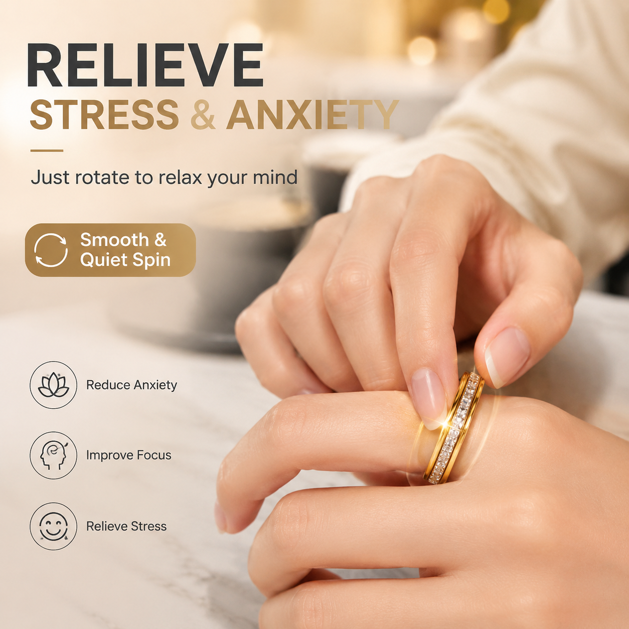 LAST DAY 50% OFF🥇🥇Glowche Anxiety Ring - Titanium Steel Spinner Fidget Band Rings with Cubic Zirconia, Designed to Relieve Anxiety