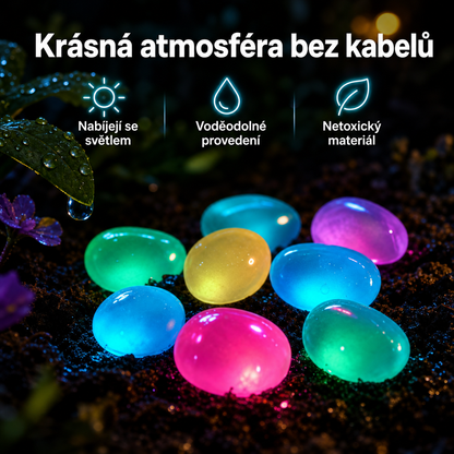 PKNEW® 🍇 Svítící zahradní kamínky nabíjené světlem ✨ – barevná noční záře bez kabelů a baterií, voděodolná dekorace pro cestičky, květináče, záhony, terasu i okolí bazénu