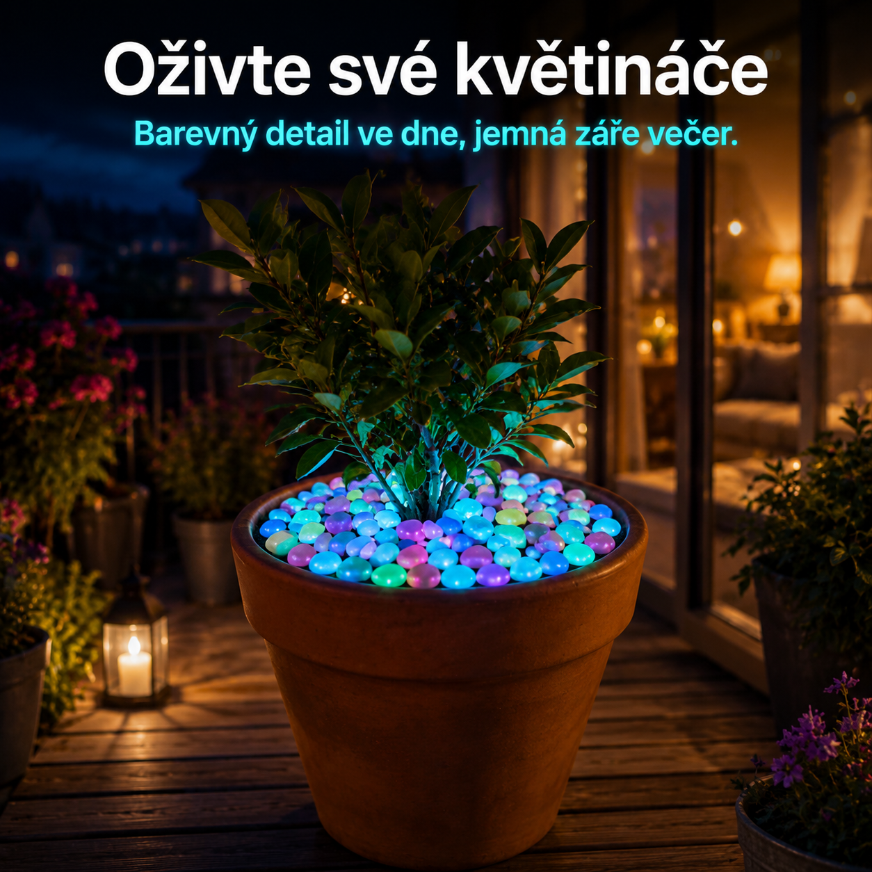 PKNEW® 🍇 Svítící zahradní kamínky nabíjené světlem ✨ – barevná noční záře bez kabelů a baterií, voděodolná dekorace pro cestičky, květináče, záhony, terasu i okolí bazénu