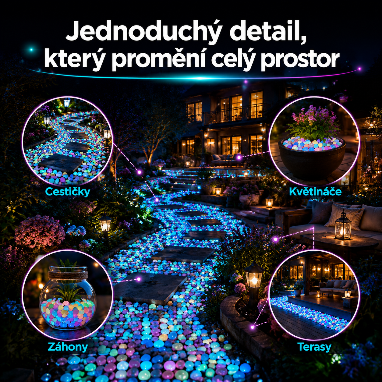 PKNEW® 🍇 Svítící zahradní kamínky nabíjené světlem ✨ – barevná noční záře bez kabelů a baterií, voděodolná dekorace pro cestičky, květináče, záhony, terasu i okolí bazénu