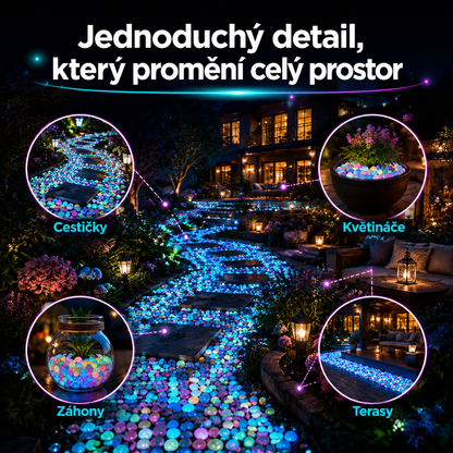 PKNEW® 🍇 Svítící zahradní kamínky nabíjené světlem ✨ – barevná noční záře bez kabelů a baterií, voděodolná dekorace pro cestičky, květináče, záhony, terasu i okolí bazénu