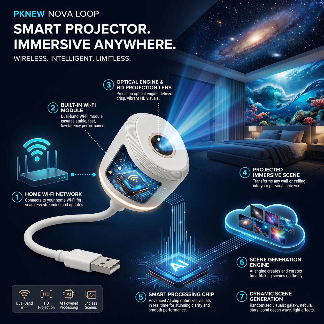 30%OFF🔥🔥PKNEW® NEXT-GEN SMART PROJECTION HD Smart Dynamic 5D Holographic Night Light Projector💎